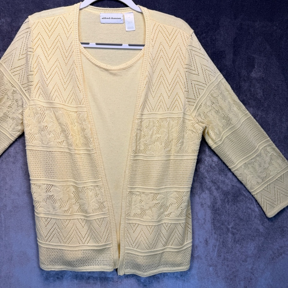 Alfred Dunner Cardigan Shell Set Women XL Yellow Pointelle Crochet Grannycore